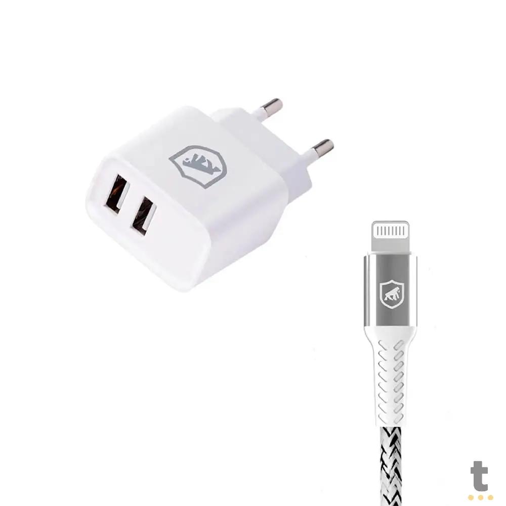 Kit Carregador de Parede Flex 2 USB + Cabo Nylon Kevlar Branco USB Lightning 1,5m GShield - GS-8345 Truedata